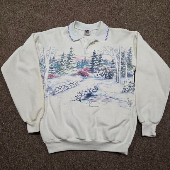 Vintage Winter Scene Sweatshirt Polo Collar Made in USA Art Unlimited - Picture 1 of 8